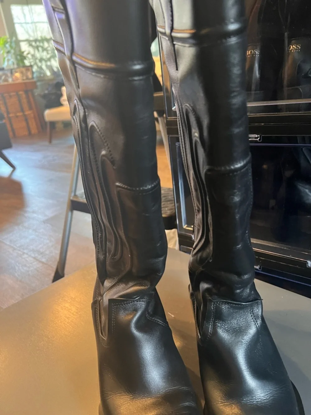 Zara Black Over-the-Knee Leather Boots with Western Stitching - Festival Boot